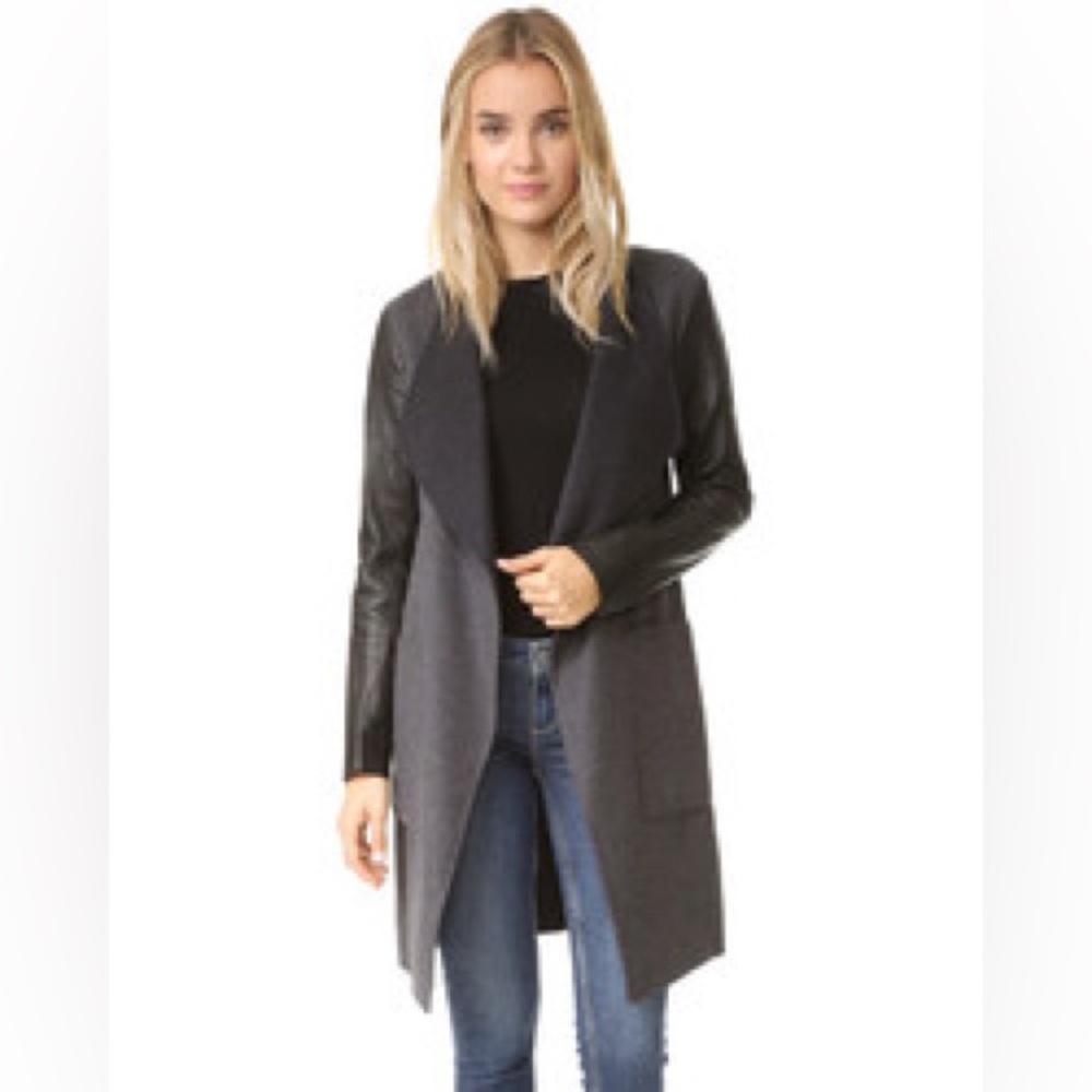 Womens Charcoal Long Coatigan with Faux Leather Sleeves